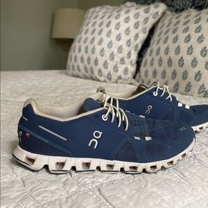 On Running Blue and White Athletic Shoes
